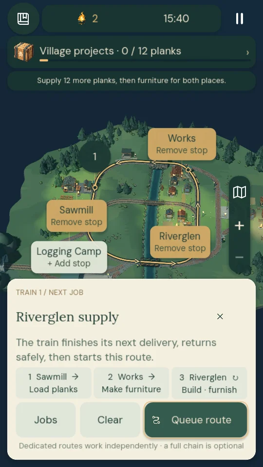 Planning a supply route between the Sawmill, the Works and Riverglen
