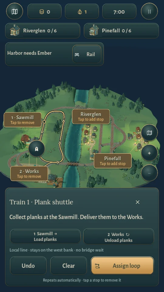 The route editor with the trains working the forest line