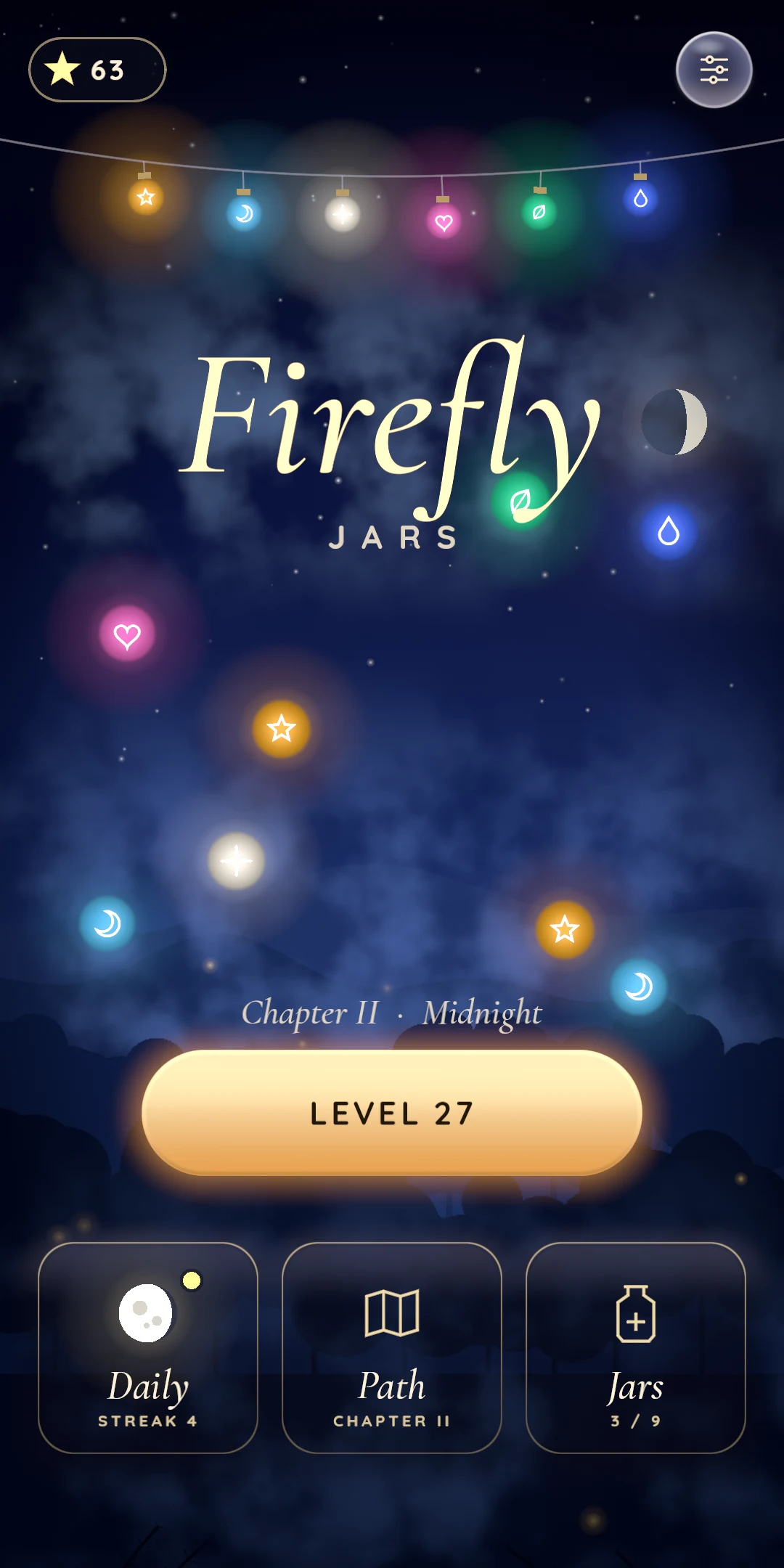 The home screen, with lit bulbs and fireflies drifting over the forest