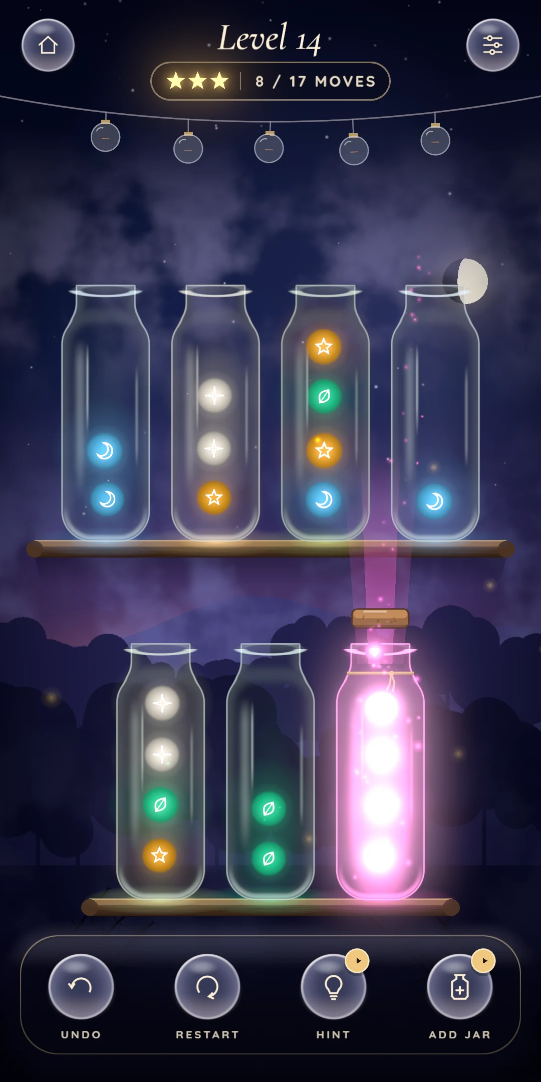 A finished jar glows, its cork drops in and a spark lights a bulb