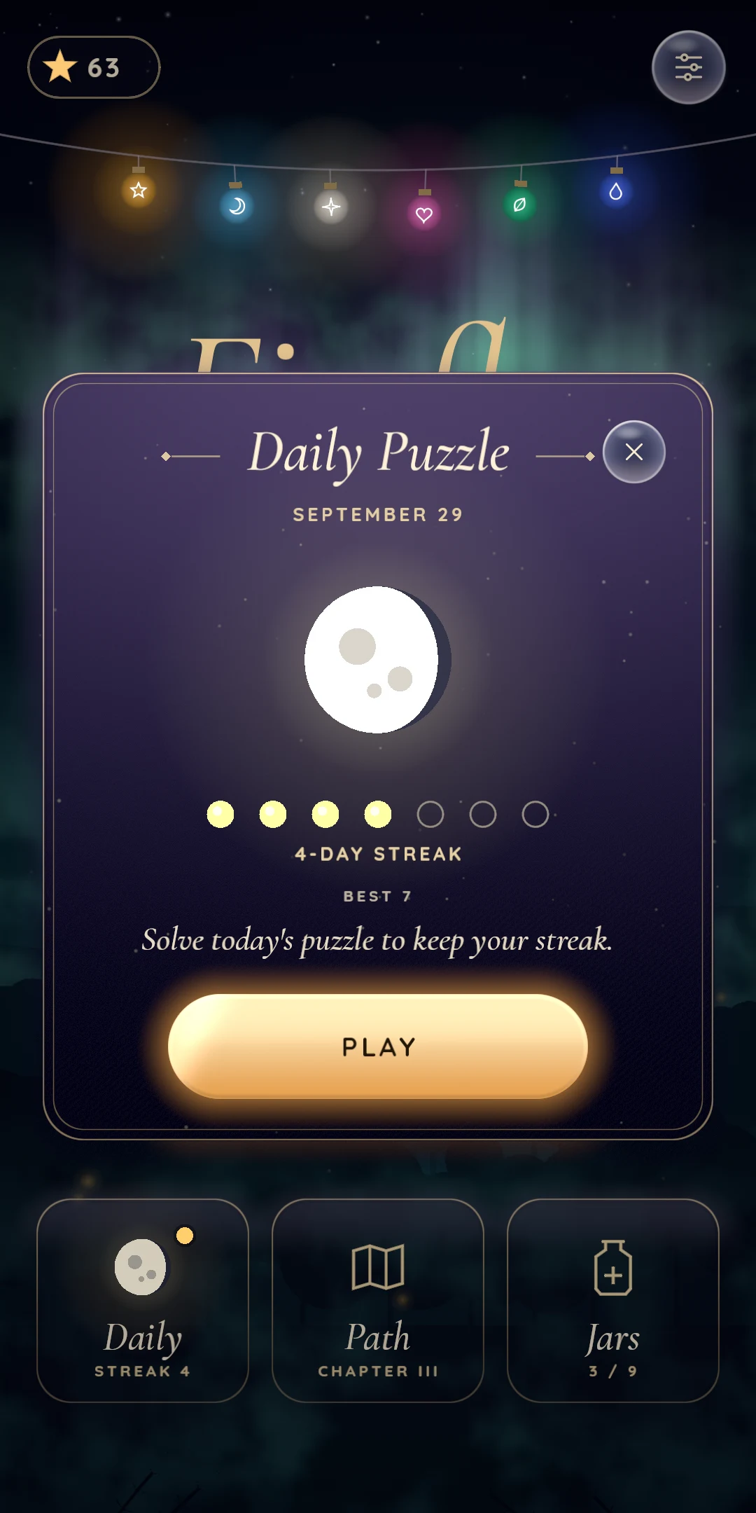 The daily puzzle, with a streak and tonight's real moon
