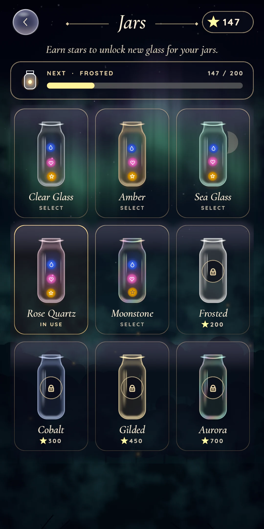 The jar collection: new glass unlocks as you earn stars