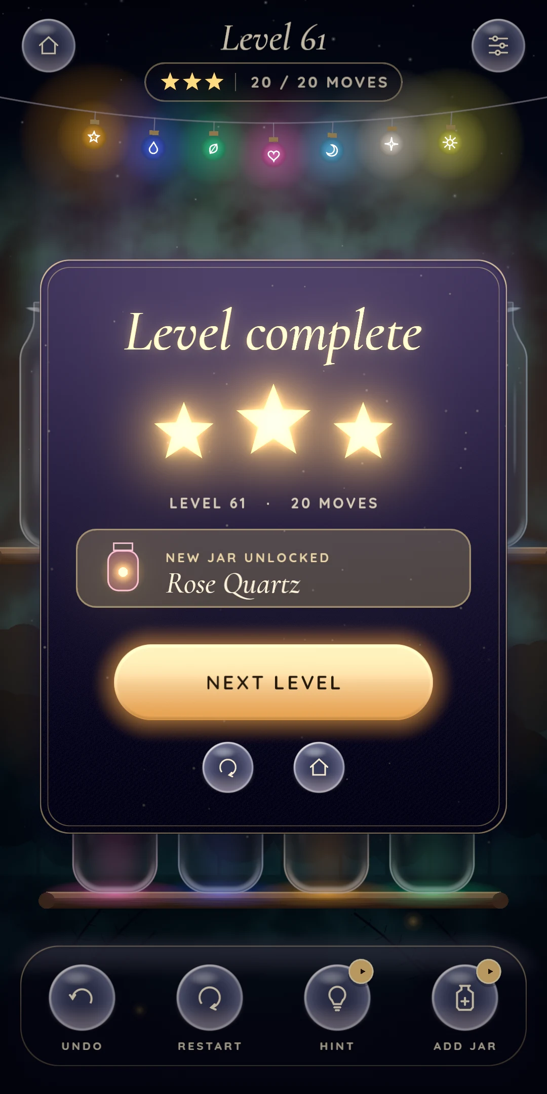 Level complete, with up to three stars and a new jar unlocked