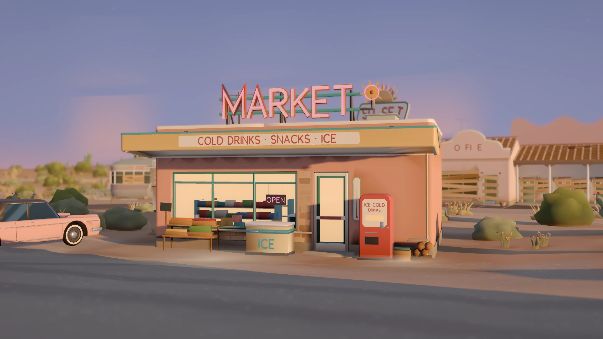 The restored market, with its neon sign glowing at dusk