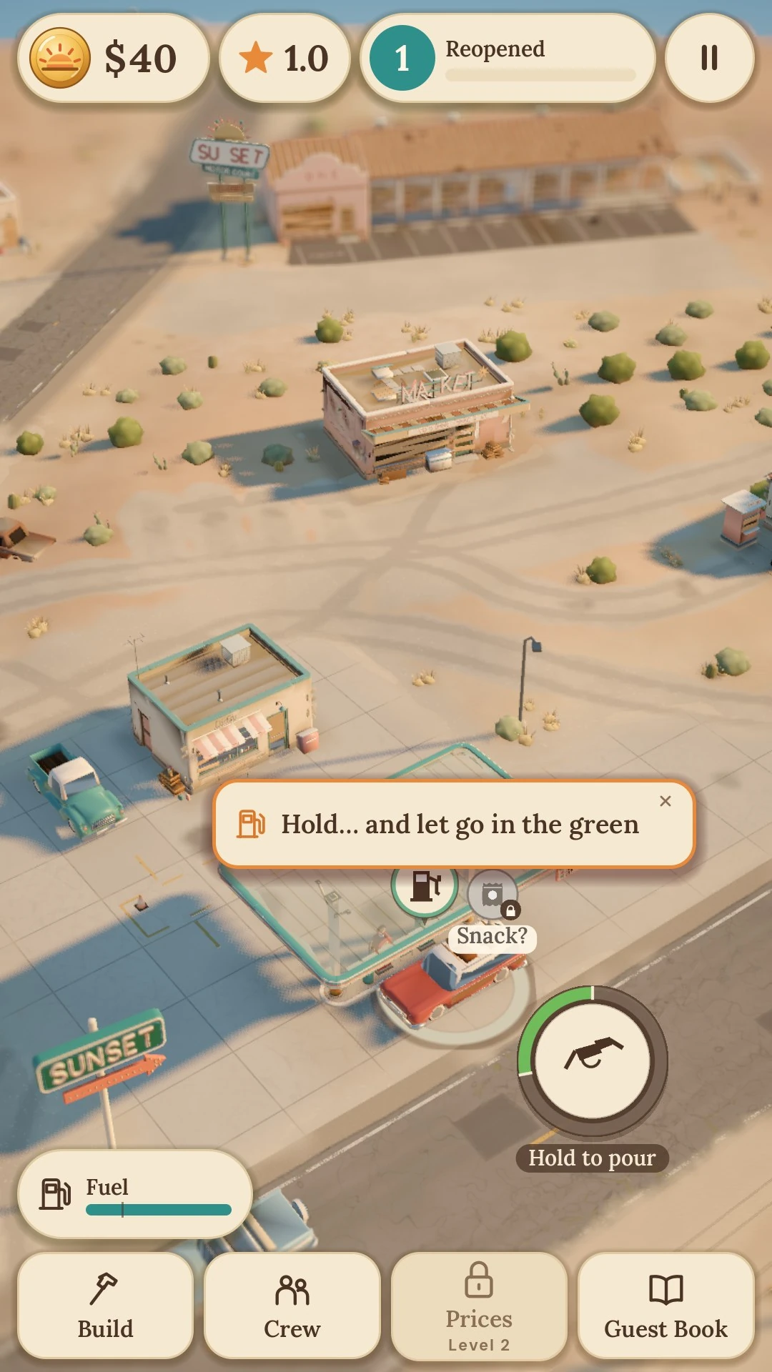 A hands-on fuel stop: hold and release in the green