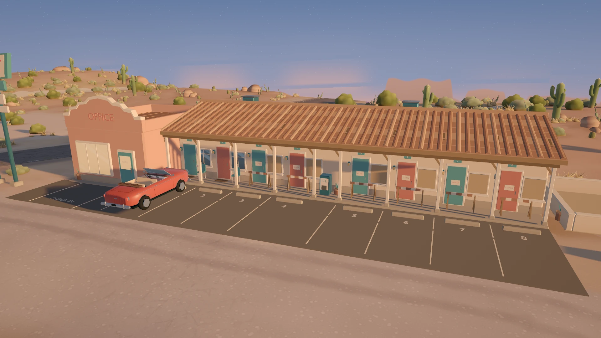 A retro convertible parked outside the motel.