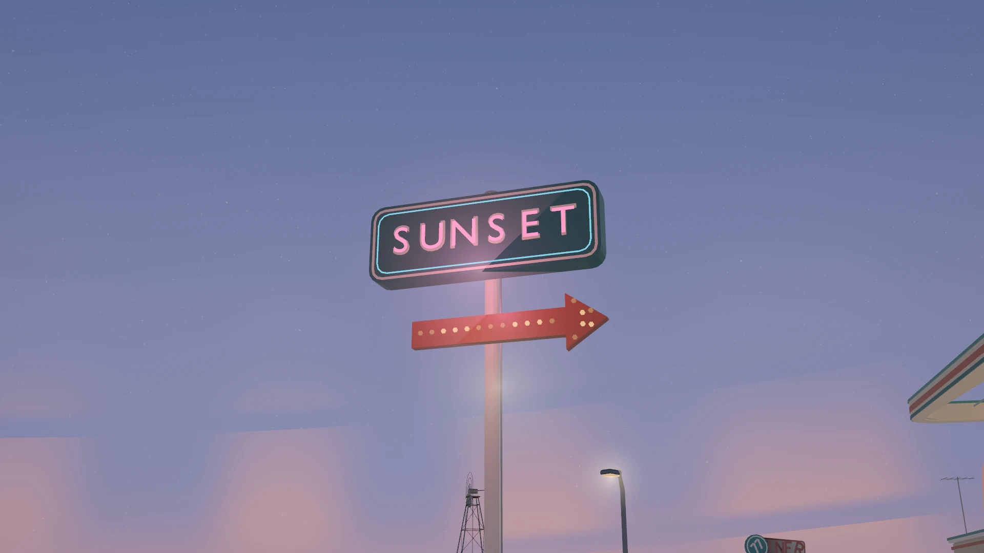 The SUNSET neon sign against the evening sky.