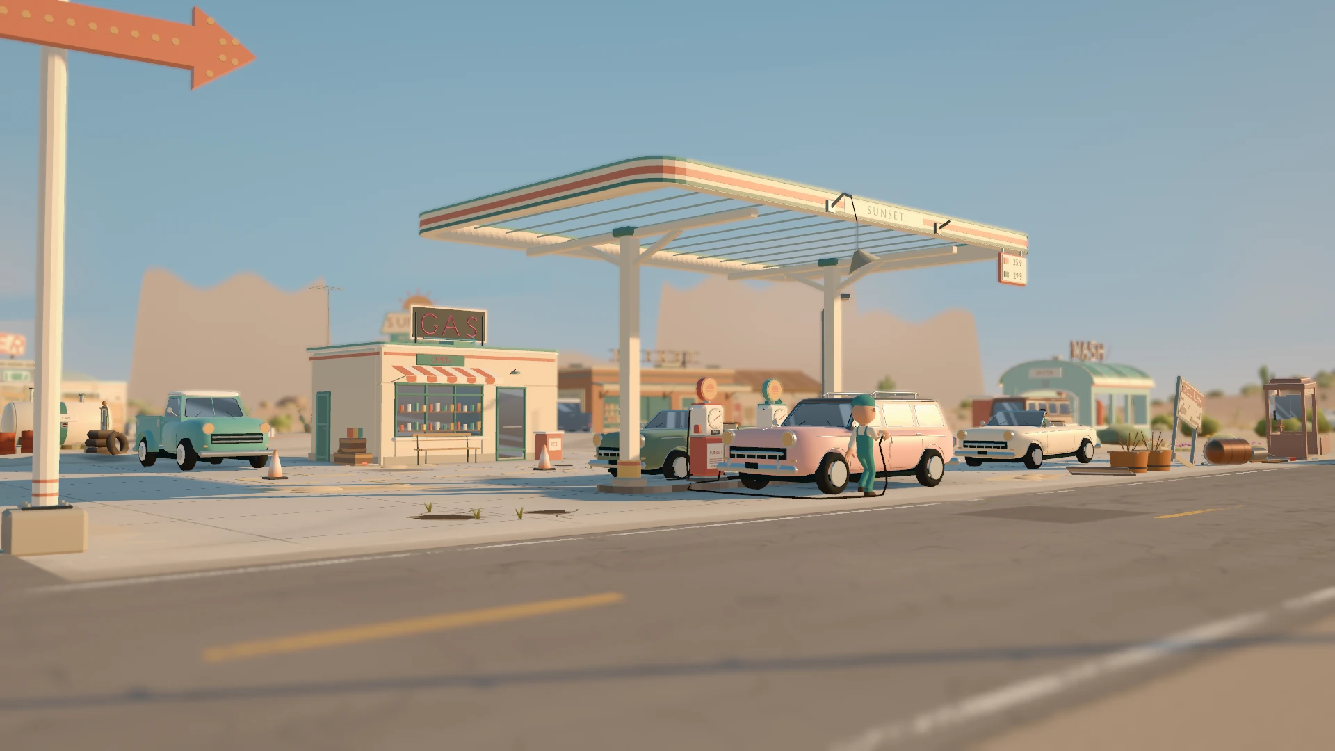 An attendant serves a pink station wagon at the pumps.